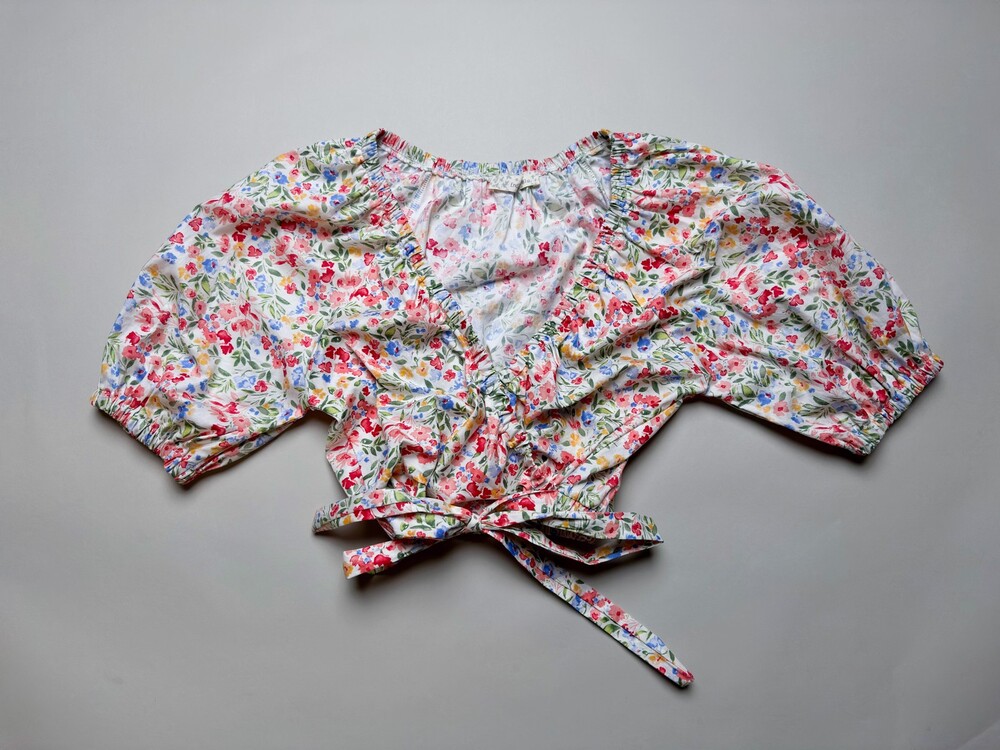 Endless Blu Blouse Womens Small Floral Puff Sleeve Cropped Tie Front Boho Top Sp